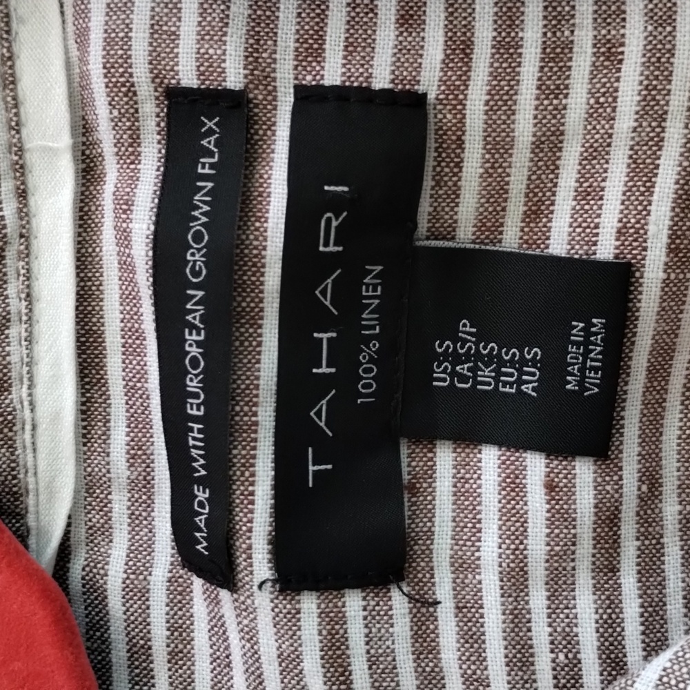 Size Small Tahari 100% Linen Brown And White Striped L/S Shirt Dress - Picture 5 of 12